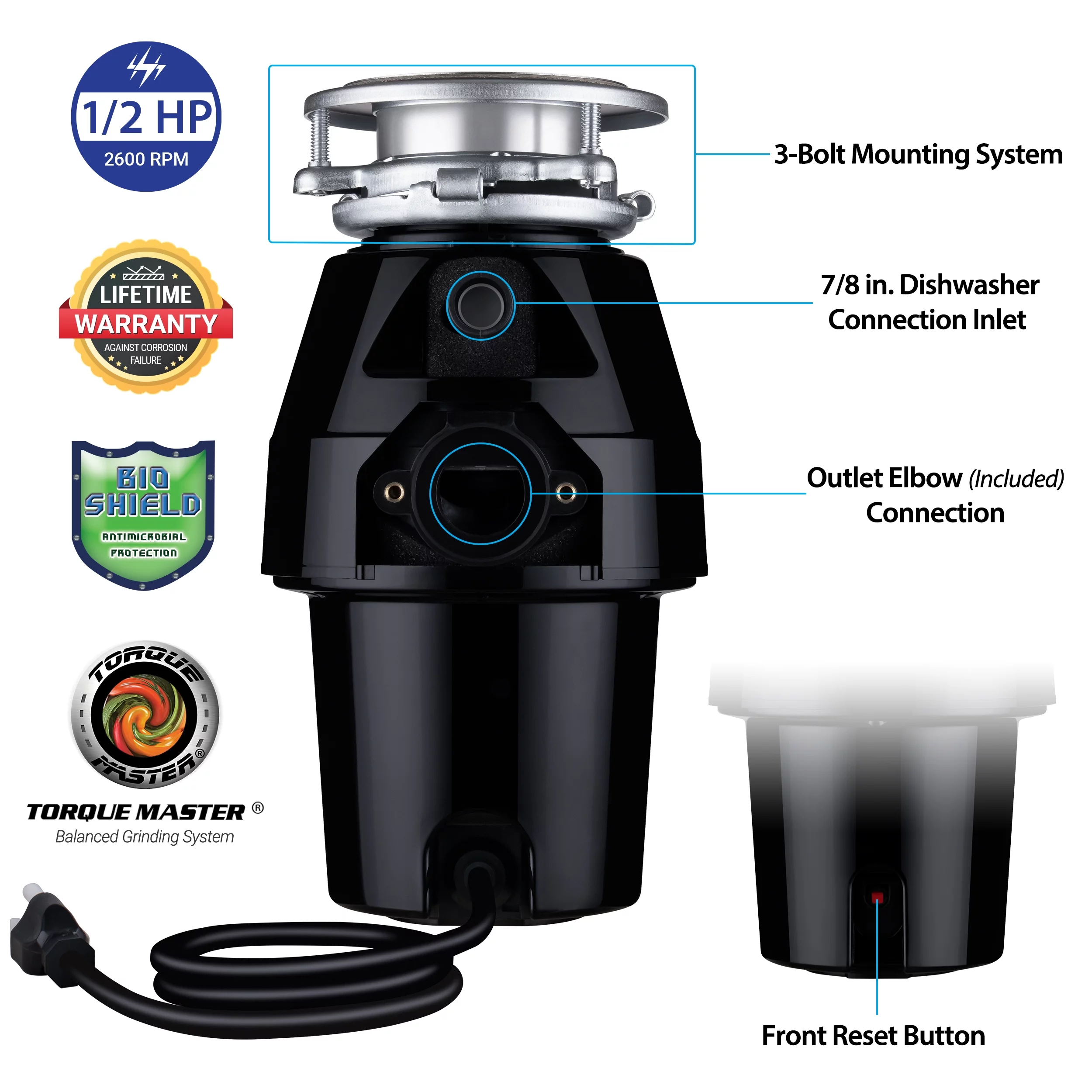 Titan 1/2 HP Mid Duty Garbage Disposal with Stainless Steel Sink Flange 10-US-TN-760-3B