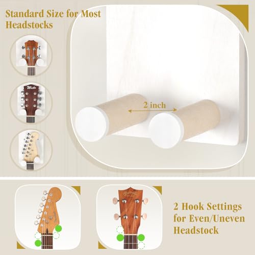 Keebofly 2-Pack Guitar Wall Mount Hanger with Shelf & Pick Holder - Wood Wall Hook for Acoustic, Electric, Bass Guitars, Ukulele (Screw-Mounted, Brown) [Patented]