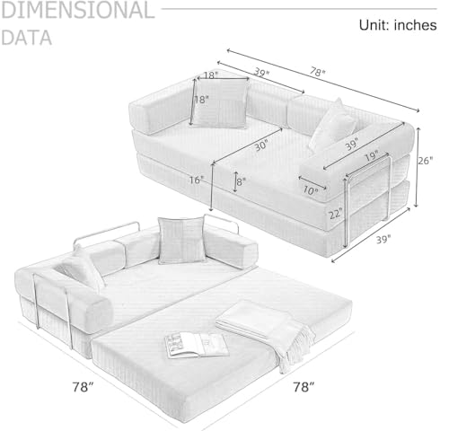 4-in-1 Folding Convertible Sofa Bed, 78 Inch Boneless Couch with Fixed-Shape Frame, Corduroy Loveseat Sleeper with Pull Out Bed, Floor Sofa Modular Futon Couch for Living Room Bedroom Lounge (Beige)