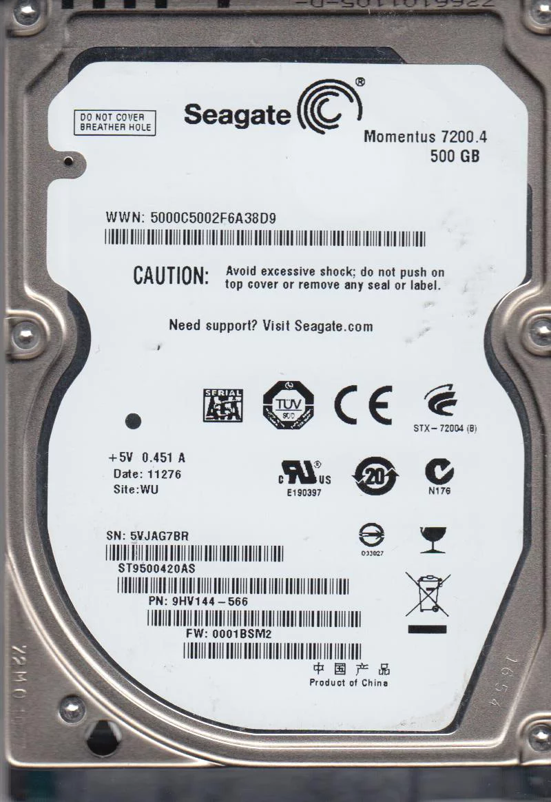 ST9500420AS, 5VJ, WU, PN 9HV144-566, FW 0001BSM2, Seagate 500GB SATA 2.5 Hard Drive
