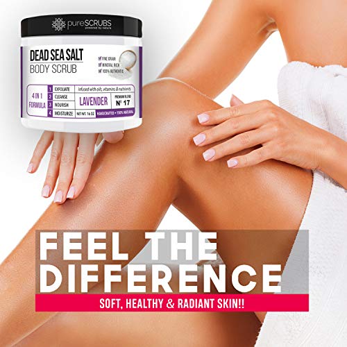 pureSCRUBS Premium Eucalyptus Body Scrub Set - Large 16oz Dead Sea Salt Body Scrub With Infused Essential Oils & Nutrients, Includes Wooden Spoon, Loofah & Oatmeal Exfoliating Bar Soap