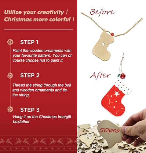 50pcs Christmas Wooden Ornaments for Crafts, 10 New Styles Unfinished Wood Slice Ornaments, Wooden Christmas Ornaments to Paint, Christmas Tree Hanging Ornaments Wood Christmas Decoration DIY Crafts