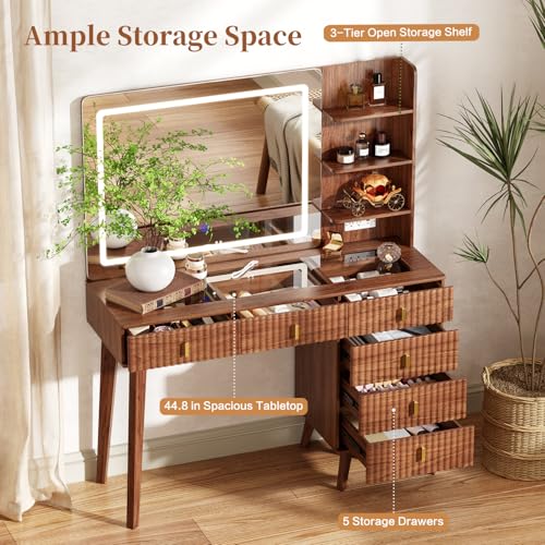 Fluted Makeup Vanity Desk with Large Mirror and Lights,Modern Glass Top Big Vanity Desk with 6 Drawers & Storage Shelves, Vanity Table with Power Outlet, Dressing Table for Bedroom,Walnut1