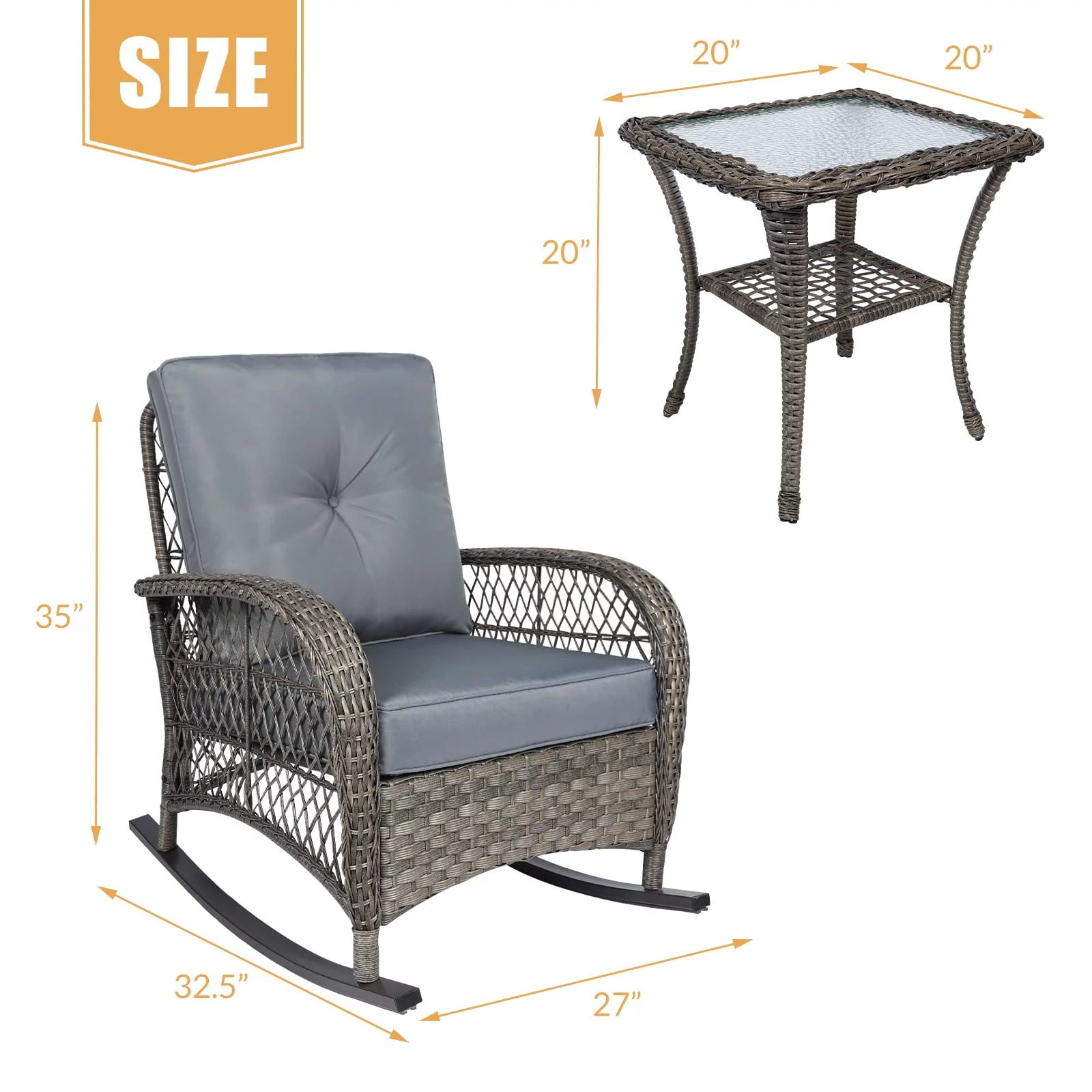 W WARMHOL 3 Pieces Outdoor Patio Bistro Rocking Chair Set, Rattan Patio Rocker Chairs Set with Cushions and Glass-Top Coffee Table, Conversation Bistro Set for Porch & Backyard - Gray