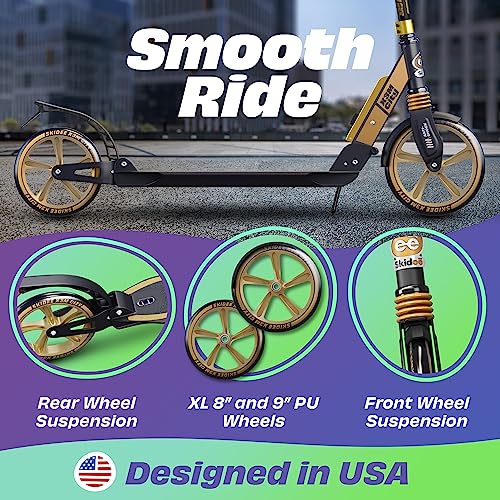 Skidee Adult & Teen Scooter Adjustable Height, Folding, Large Wheels, Lightweight, Durable, Anti-Shock Suspension, Up to 220 lbs