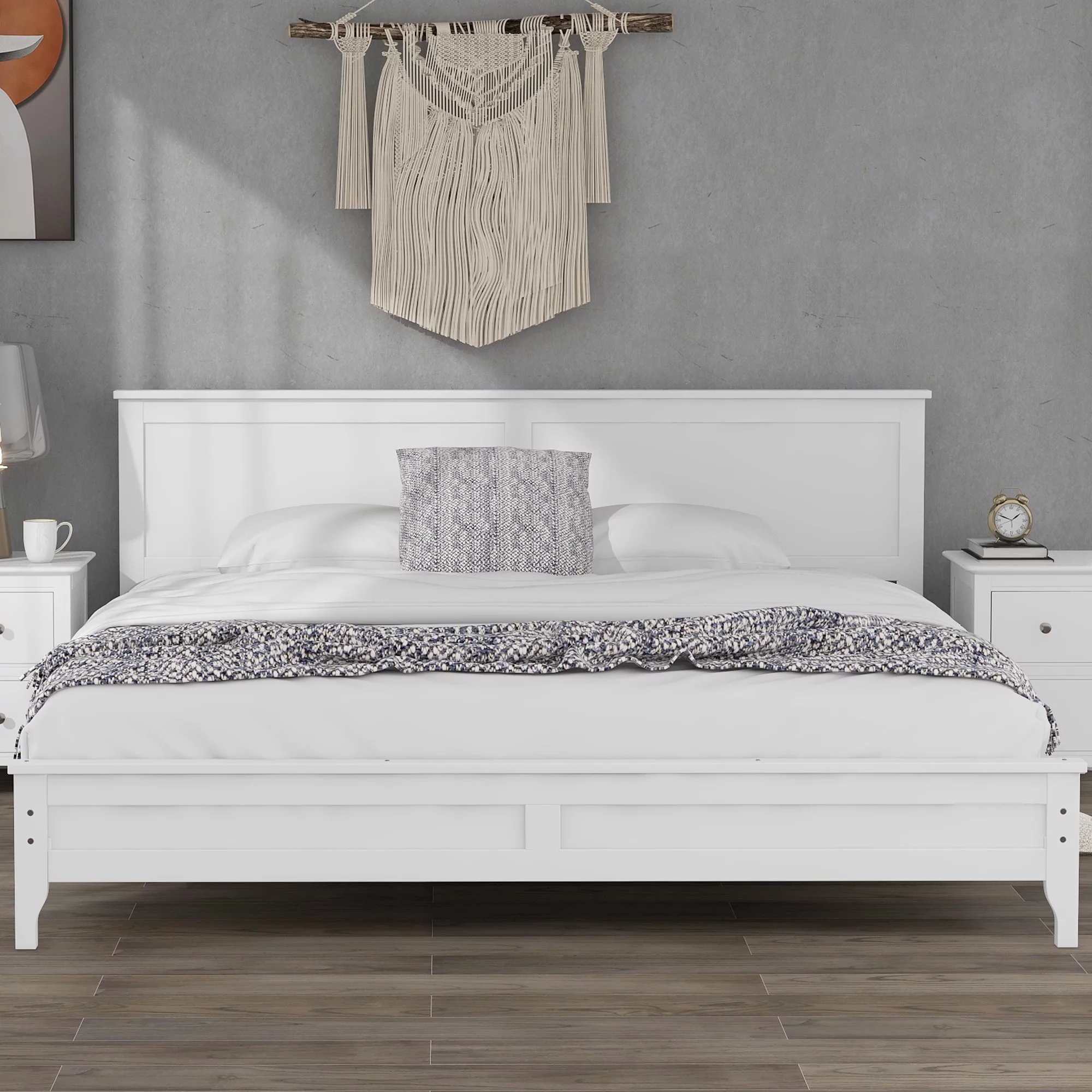 ikayaa Modern White Solid Wood King Platform Bed