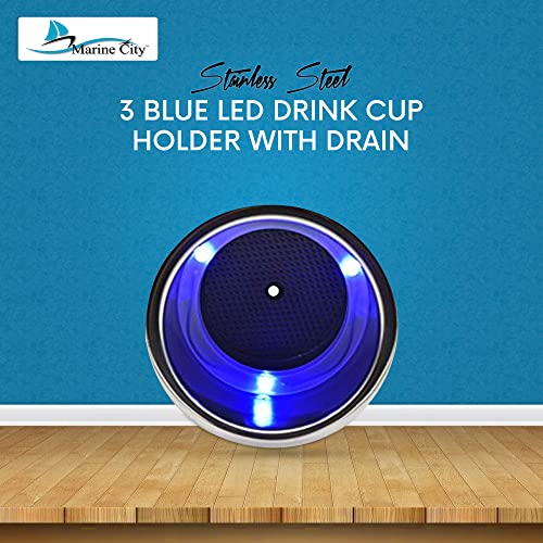 MARINE CITY Stainless Steel Drink Cup Holder with Drain | 3 Blue LED Lights 12V, 1W | Perfect for Boats, Poker Tables, Countertops, Dashboards, Backseats - Pack of 8