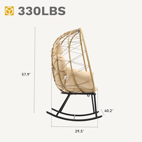 DWVO Wicker Rocking Egg Chair, Oversized Indoor Outdoor Rattan Rocking Chair, Indoor Outdoor Lounger for Patio, Backyard, Living Room, Light Gray