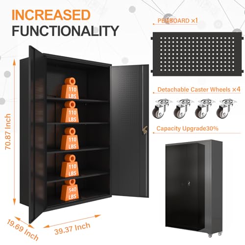 Upgraded Wide Metal Storage Cabinet - 72 Inch Black Lockable Garage Cabinet with Wheels & 4 Adjustable Shelves | Heavy-Duty Steel Cabinet for Garage, Office, Pantry, Gym