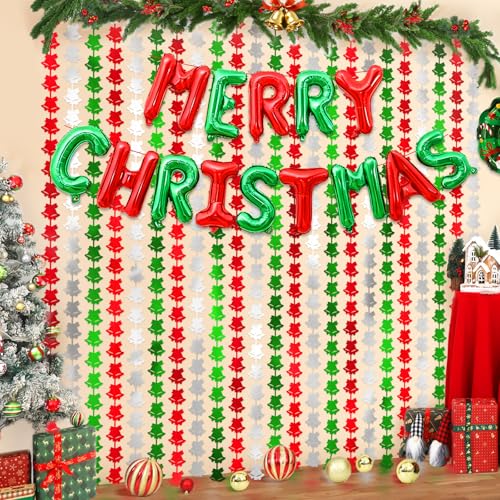 2Pack Christmas Foil Fringe Curtains with Merry Christmas Balloons, 3.3 x 6.6Ft Tree Backdrop Tinsel Photo Booth Props Streamers for New Year Ugly Sweater Xmas Party Decorations Supplies