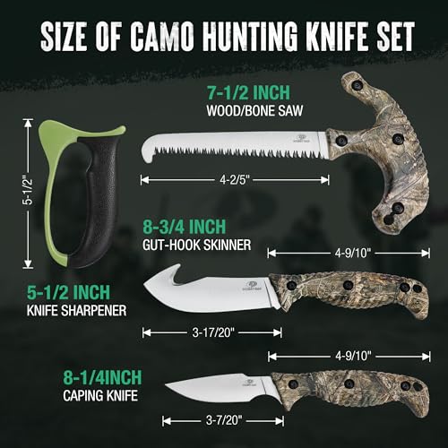MOSSY OAK Field Dressing Kit, 4 Pcs Hunting Knife Set with Portable Sheath, Gut-Hook Skinner, Caping Knife, Wood/Bone Saw, Knife Sharpener, for Deer Hunting, Camping, Perfect Hunting Gifts for Men
