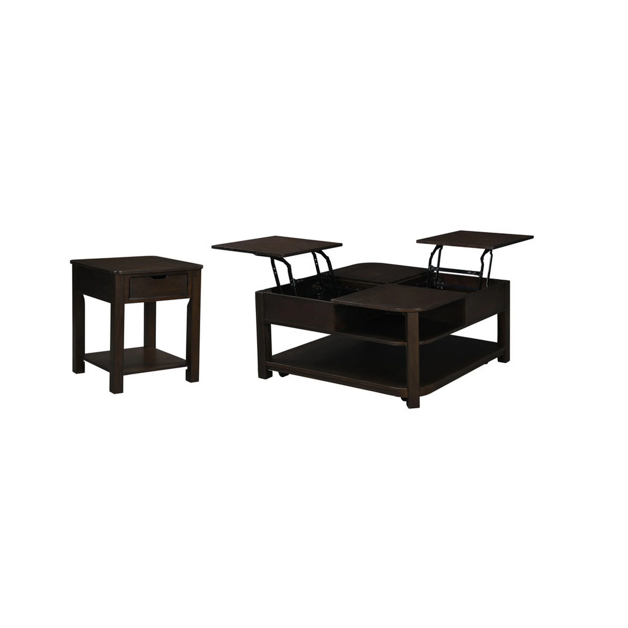 Benjara  Miyo Modern Style Dark Brown Lift Top Coffee Table & End Table Set, Black - 2 Piece