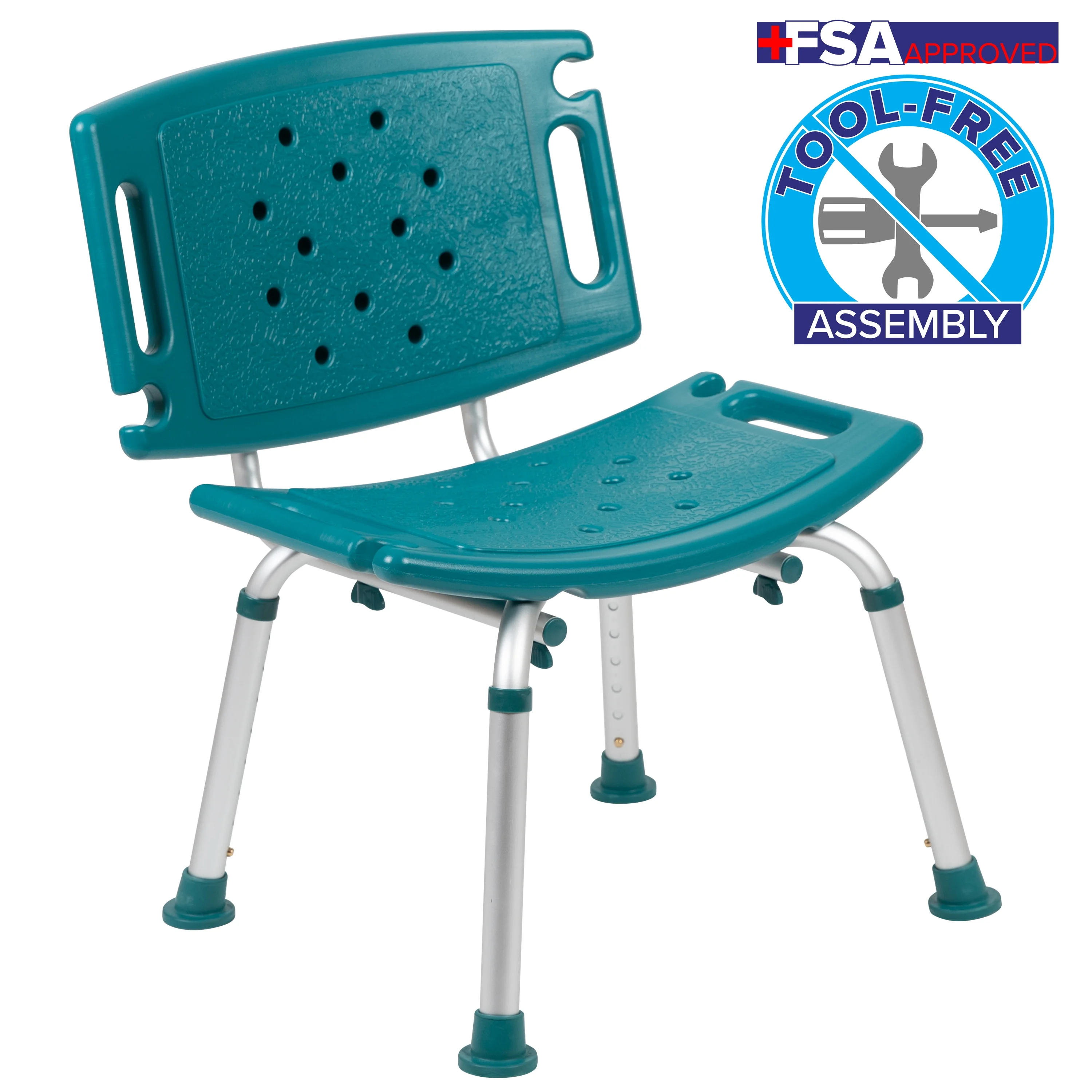 Flash Furniture HERCULES Series Tool-Free and Quick Assembly, 300 Lb. Capacity, Adjustable Teal Bath & Shower Chair with Extra Large Back