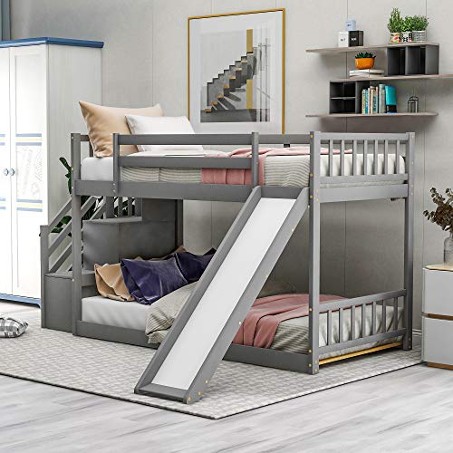 Twin Over Twin Bunk Beds with Slide, Low Bunk Bed Frame with Storage Drawers Stairway Wood Bunk Bed with Slide for Kids Boys Girls, Gray Finish
