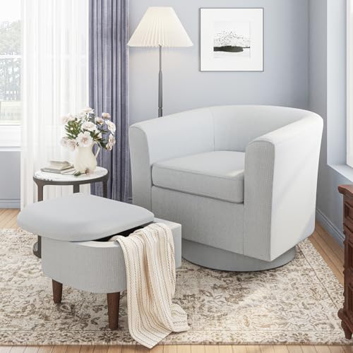 COLAMY Upholstered Swivel Barrel Accent Chair with Ottoman, Modern Single Sofa Lounge Armchair Club Chair with Storage Space for Living Room Bedroom Office, Beige,2pc