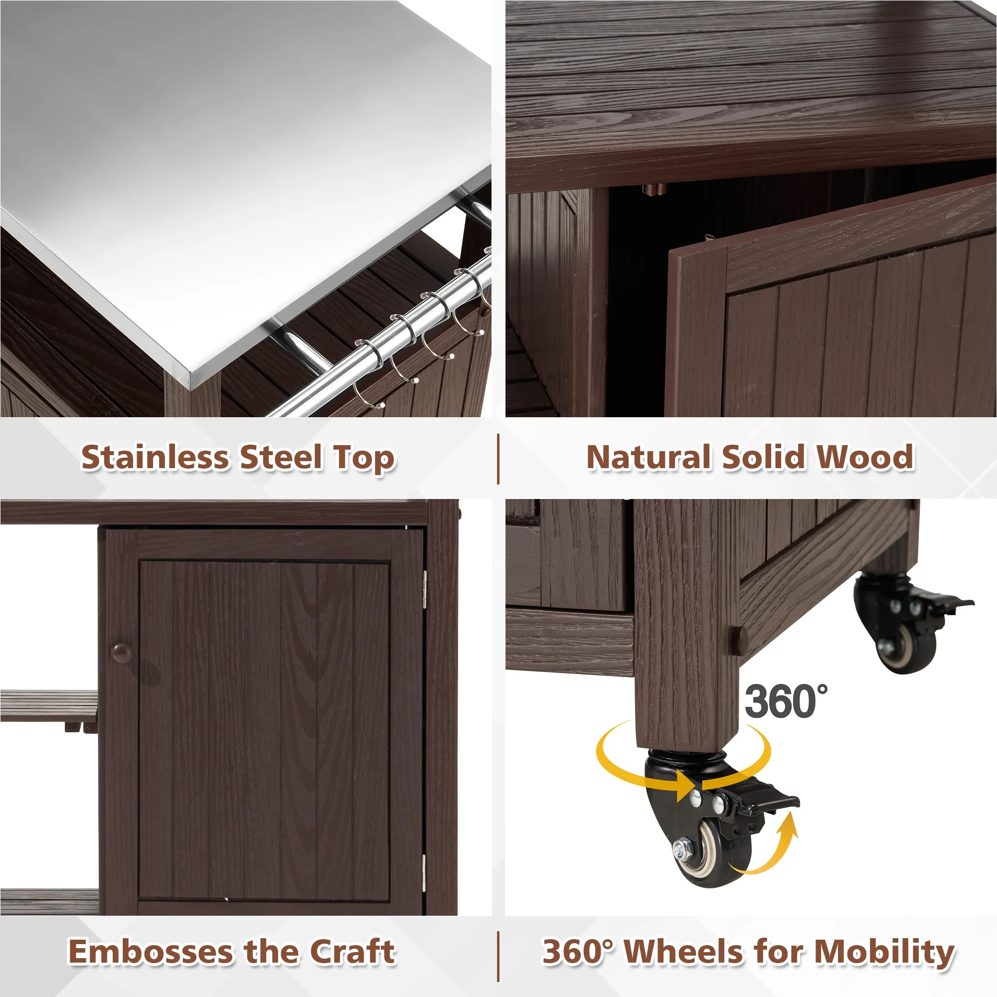 AHB Outdoor Grill Table Solid Wood Storage Cabinet, Rolling Kitchen Island, Movable Bar Cart with Stainless Steel Top, Waterproof Cover for Outside Patio, Backyard, Garden (Brown)