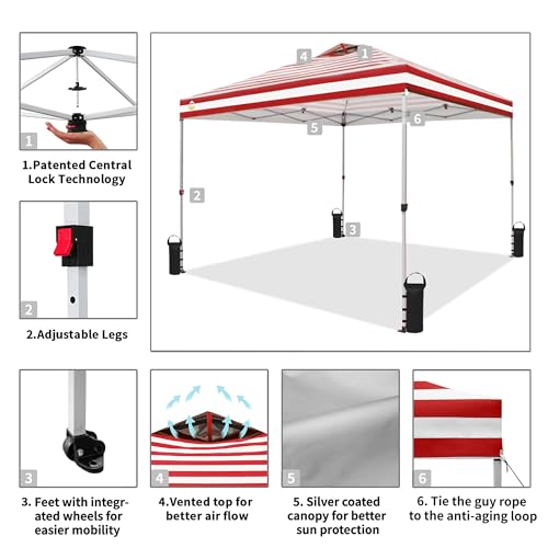 CROWN SHADES 10x10 Pop Up Canopy - Beach Tent with One Push Setup - Easy Outdoor Sun Shade for Events, Parties, Camping - Gazebo with STO-N-Go Cover Bag, Silver Coated Top, White