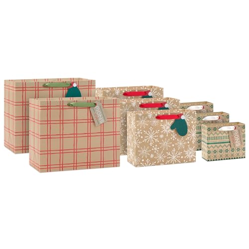 Hallmark Holiday Kraft Gift Bags with Gift Tags (8 Horizontal Bags, 8 Tags: Snowflakes, Mittens, Let It Snow)