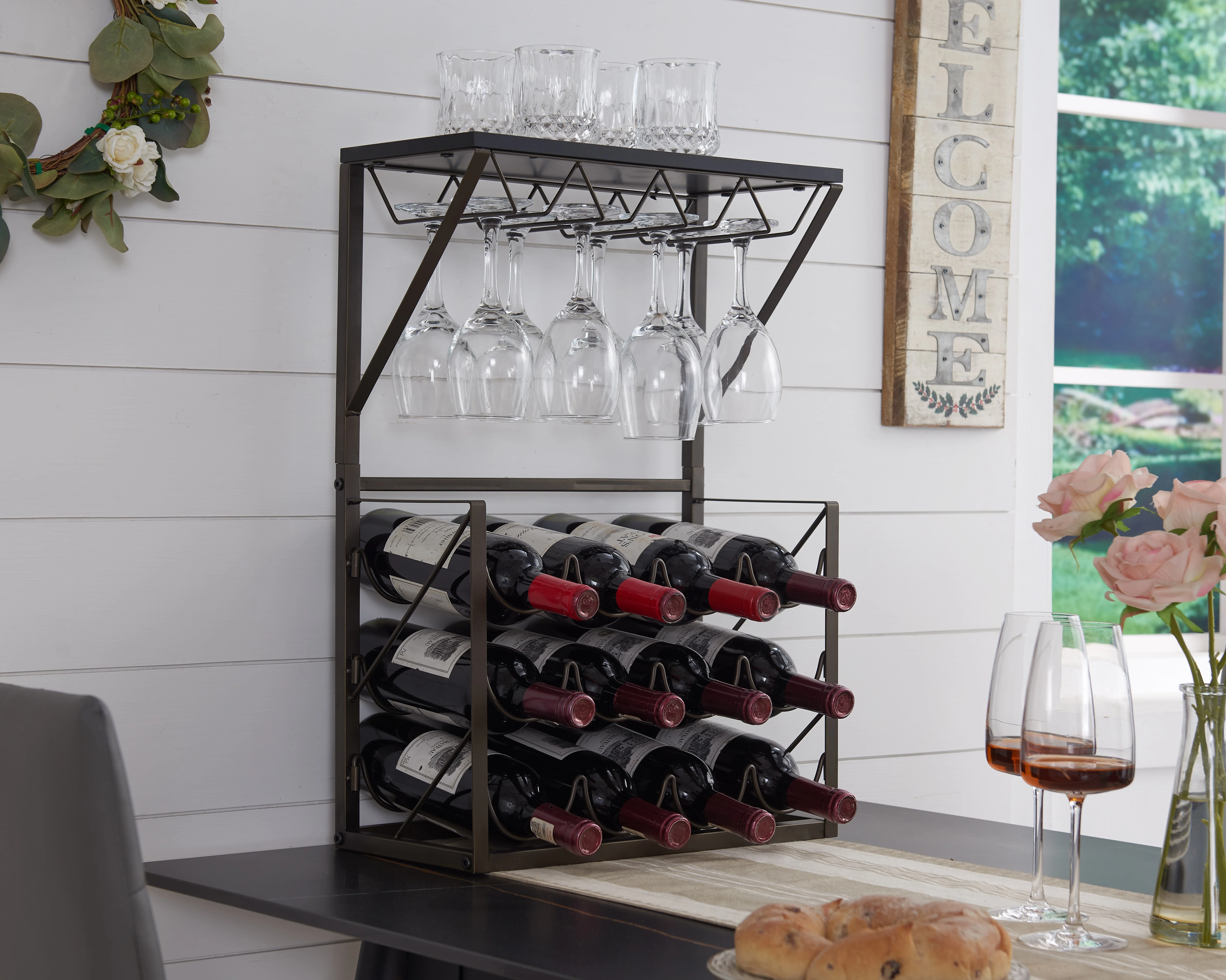 Kings Brand Furniture - 12 Bottles Countertop Wine Rack Stand with Glass Holder, Wine Storage Cabinet Shelf, Pewter/Marble