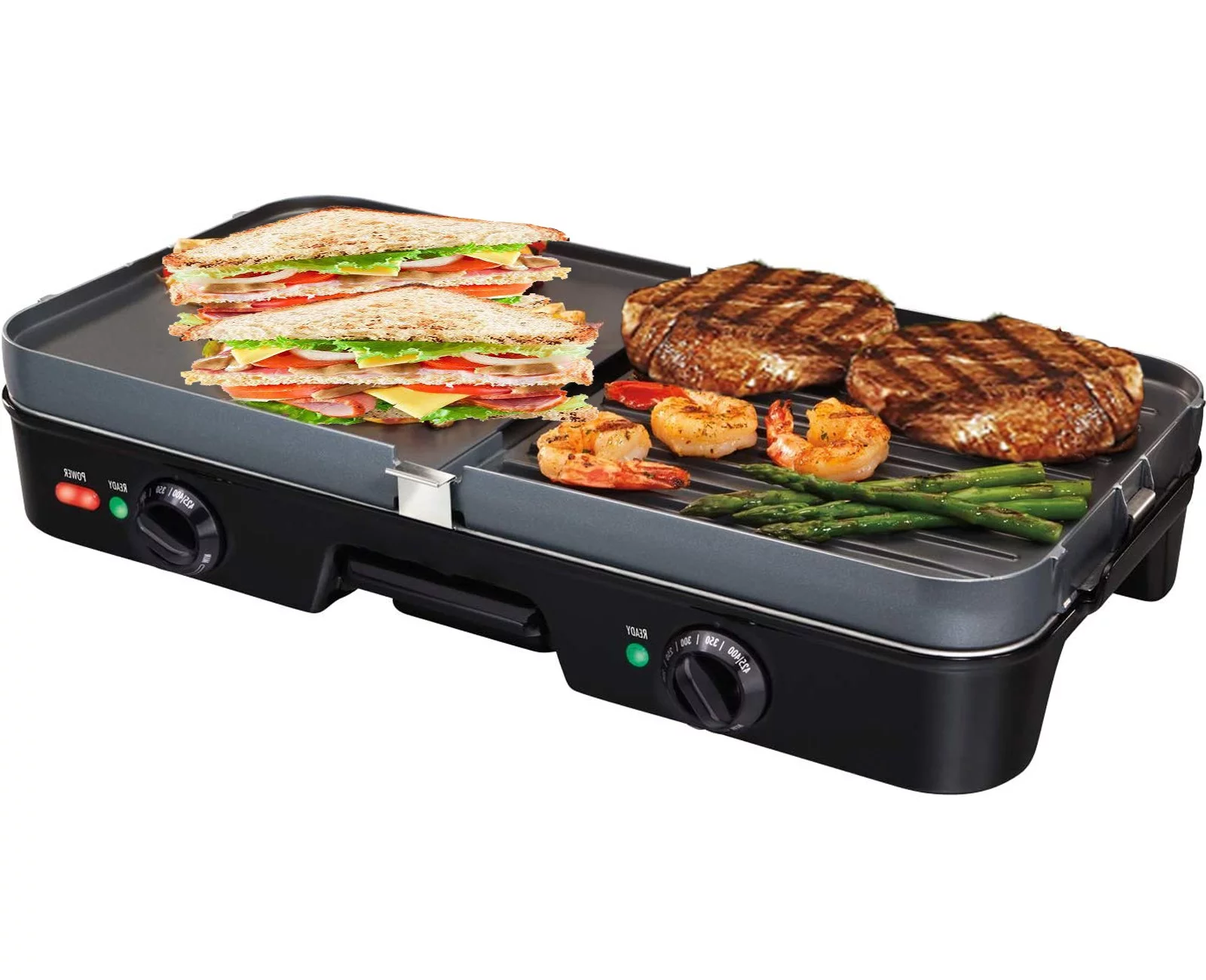 3-In-1 Nonstick Electric Griddle Grill - with 2 Cooking Zones & Reversible Plates - Serves up to 8 people (1400W)