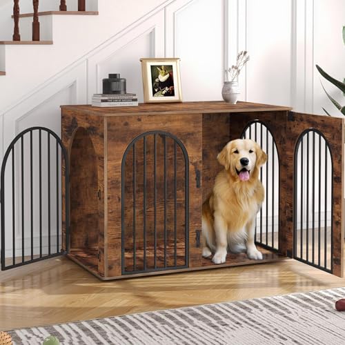 31.5'' Wooden Dog Crate Furniture TV Stand, Indoor Dog Kennel for Small/Medium Dogs, End Side Table Dogs Crates, Anti-Chew, Anti-Escape, Arched Door Design, Greige Black DFC85105B