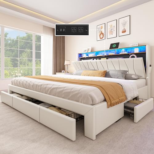 YITAHOME King Size Bed Frame, Storage Bed Frame with 4 Drawers & LED Light, Platform Bed with Storage Upholstered Headboard and Charging Station, No Box Spring Needed, Easy Assembly, Beige