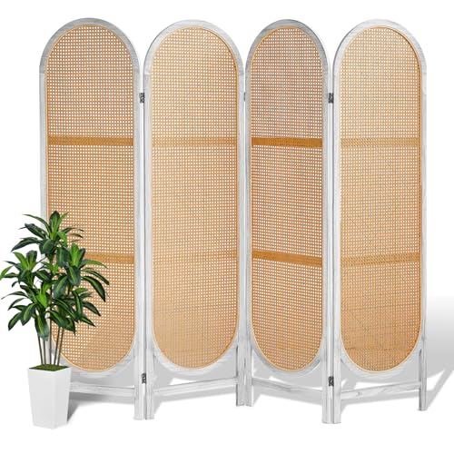 4 Panels Room Divider Wall, Foldable Wooden Room Divider, Individual Privacy Screen Made of Hand-Woven Rattan, Portable Wall Divider for Home Office Bedroom Bathroom (Black Natural)