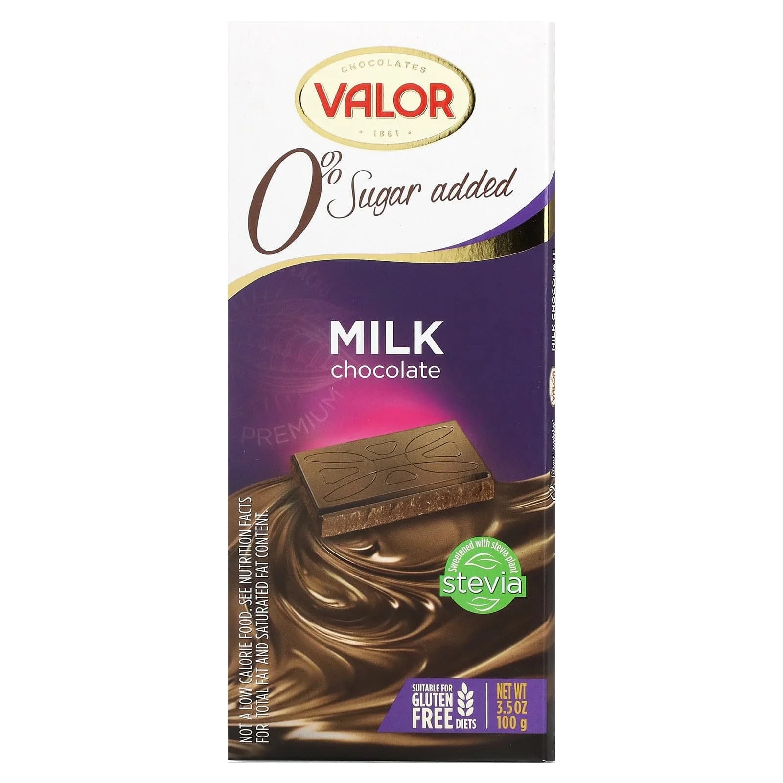 Valor, Milk Chocolate Bar with Stevia, 0% Sugar Added, 3.5 oz Pack of 3