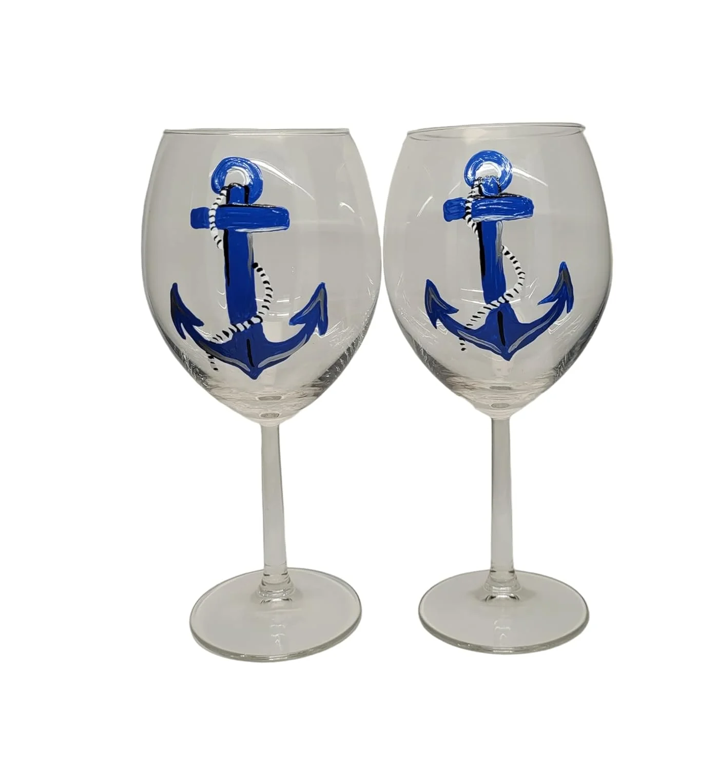 Blue Anchor Hand Painted Set Of 2 Stemmed Wine Glasses Nautical Decor