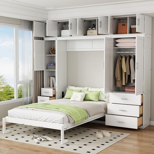 Harper & Bright Designs Twin Size Murphy Bed Cabinet Wall Bed Chest with Storage Shelves, Drawers and Built-in Wardrobe Wood Murphy Bed Frame for Home Office or Small Room - White