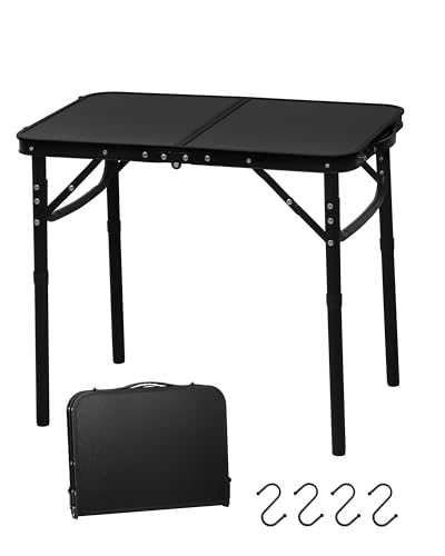 LOFTEY 2024 Reinforced Small Folding Table Portable, Small Foldable Camping Table, Heavy-Duty Mini Folding | Adjustable Height | Lightweight Premium Aluminum with Handle | Black 25