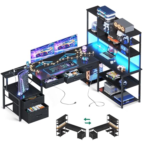 AODK 71 inch L Shaped Desk with File Drawers, Reversible L Shaped Gaming Desk with Power Outlets & LED Lights, Computer Desk with Storage Shelves for Home Office, Black