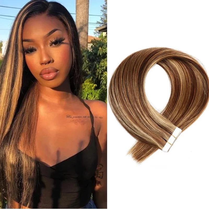 Highlight Ombre Hair Extension Tape In Human Hair Extensions Real Remy Hair Extension Straight Seamless Skin Weft Adhesive Glue On for Salon High Quality 20pcs/pack 14-24inch #P4/27