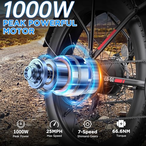 Electric Bike for Adults, 1000W Peak Ebike, 25MPH 60Miles Electric Mountain Bike, 26
