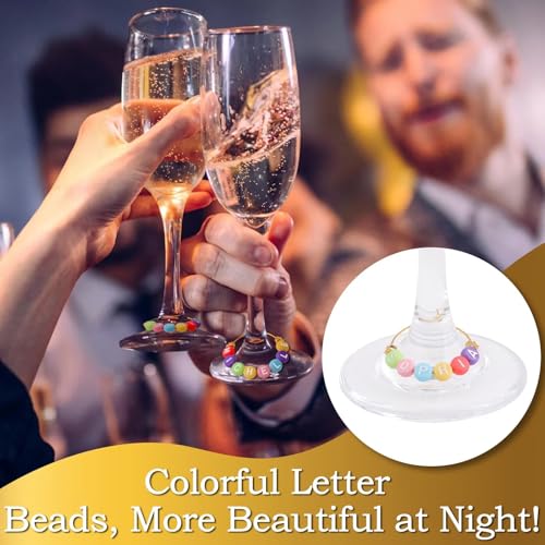 60 Sets DIY Wine Glass Charms – 780 Letter Beads 120 Gold Beads 60 Charm Rings 2 Tweezers, Drink Identifier Charms Wine Glass Marker Tags for Wedding Cocktail Bachelorette Party Decoration (Luminous)