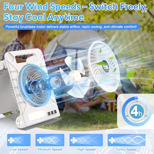 Portable Battery Powered Fan Rechargeable with LED Lantern, 10000mAh Solar Camping Fan, 4 Speeds & 1-4H Timer, Suitable for Camping, Tents, Fishing, Beach, Power Outage and Outdoor Activities