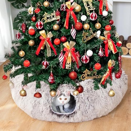 LUCKITTY Warm Fluffy Plush Cat Dog Tunnel Bed Under Christmas Tree Big Tube Playground Toys 3 FT Diameter Longer Crinkle Collapsible 3 Way, for Indoor Cat Kitty Kitten Puppy Rabbit Ferret White