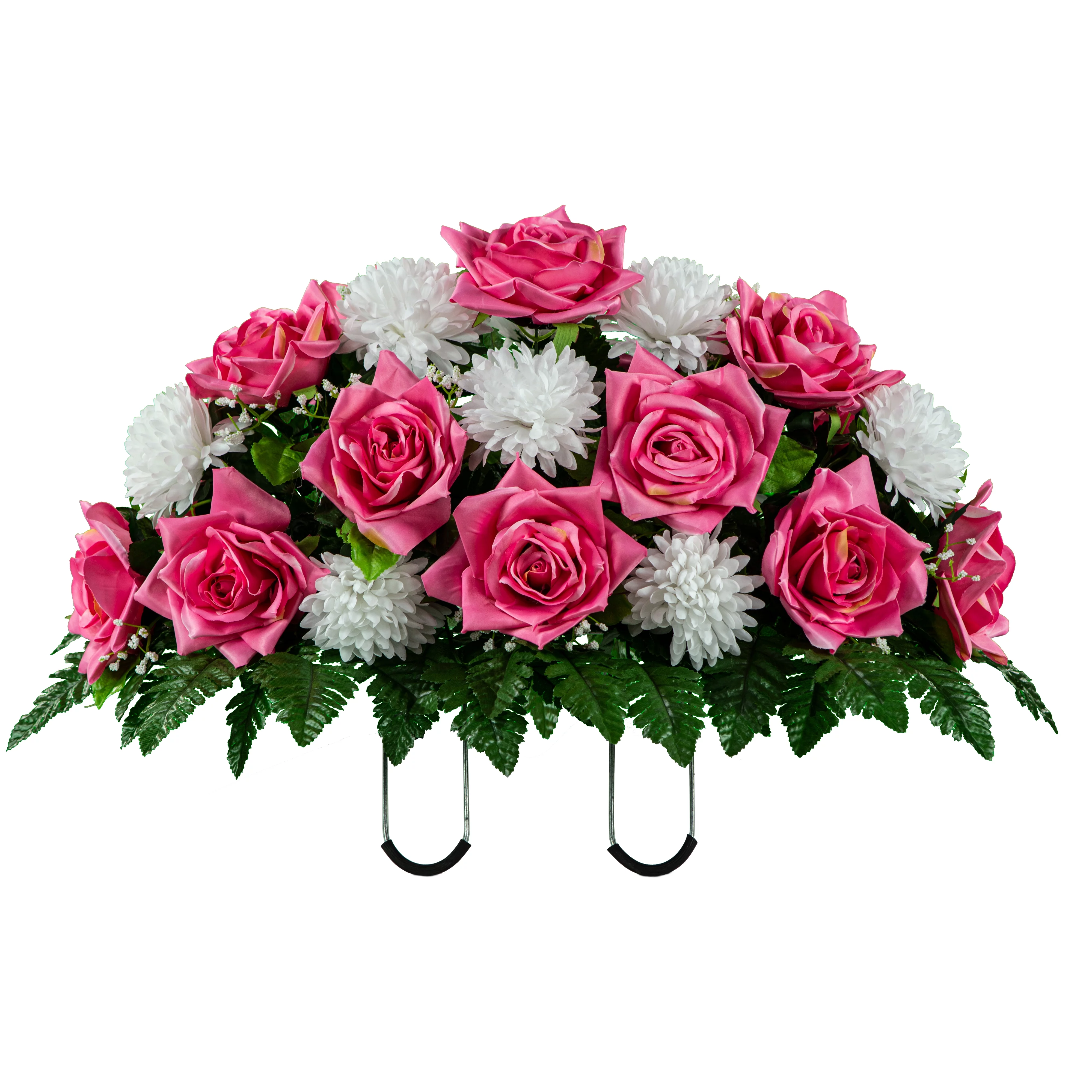Sympathy Silks Artificial Cemetery Flowers 30" Beauty Pink Open Rose/White Mum Saddle for Headstone