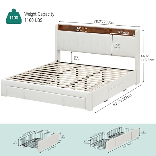 YITAHOME King Size Bed Frame, Storage Bed Frame with 4 Drawers & LED Light, Platform Bed with Storage Upholstered Headboard and Charging Station, No Box Spring Needed, Easy Assembly, Beige