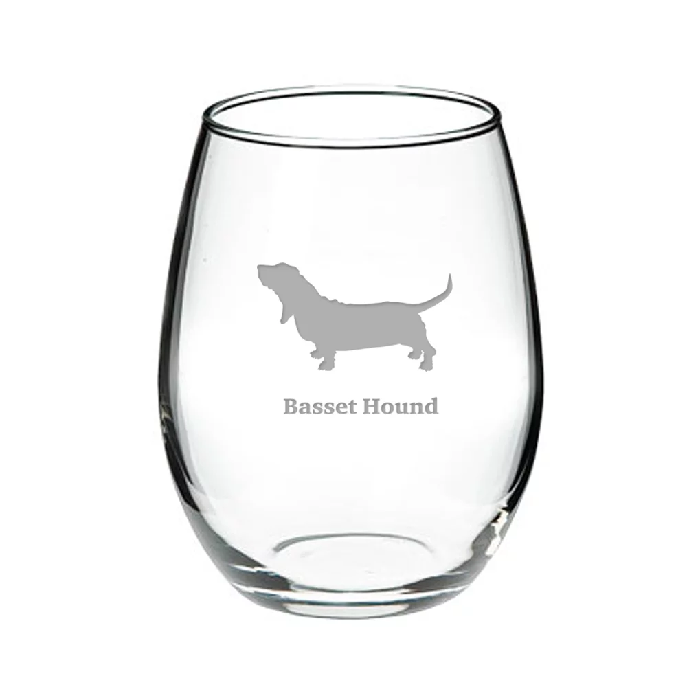 Basset Hound Deep Etched Stemless Red Wine Glass