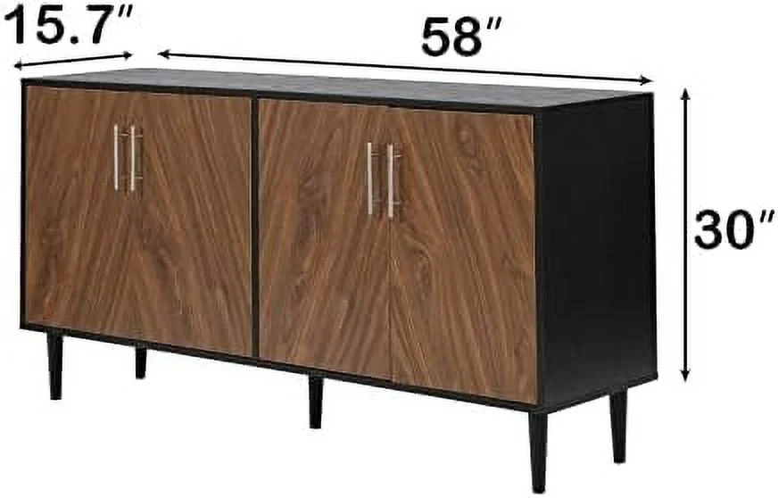 TJUNBOLIFE Sideboards and Buffets with   Buffet Cabinet with   4 Door Credenzas for Living Room Mid Century Modern Sideboard  58 Inch Coffee  Cabinet for Dining Room Kitchen  Black