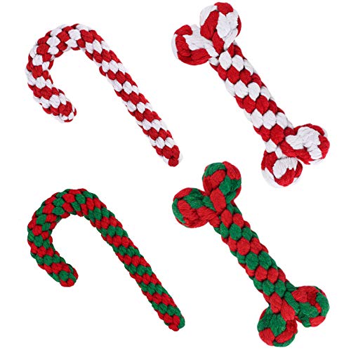 ADXCO 4 Pack Christmas Pet Chew Toys Dog Rope Toys for Aggressive Chewable Candy Cane and Bone Shape Suitable for Small Medium Large Dog