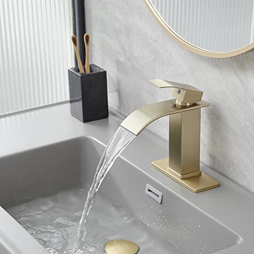 Vessel Sink Faucet Brushed Gold Waterfall Spout Faucet for Bathroom Sink Tall Single Handle One Hole Deck Mount Bowl Vanity Sink Taps with Pop-up Drain Stopper
