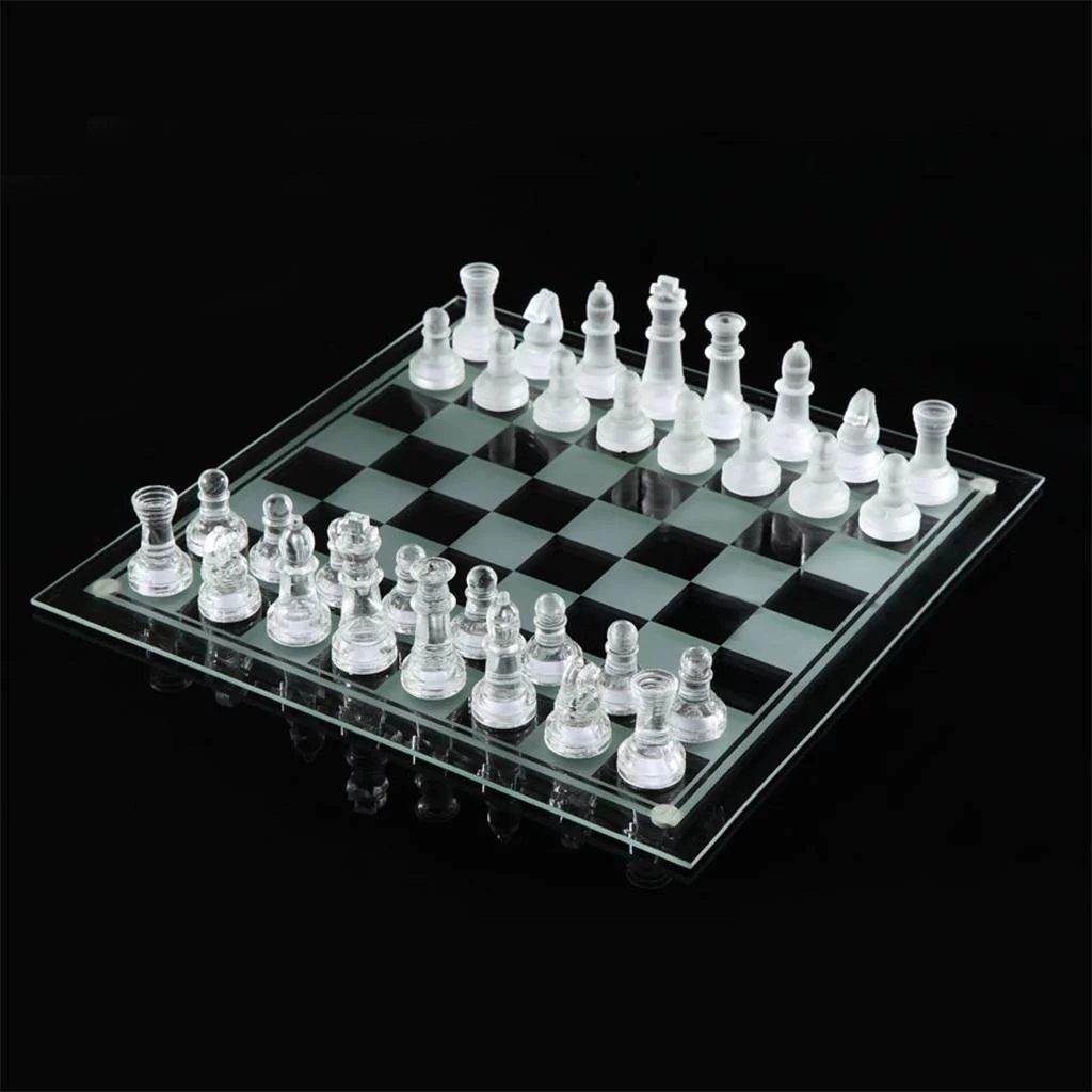 10 / 8 Chess , Solid Glass Chess Pieces with Padded Bottom, Crystal Chess Board Kids Adults Play Set - 20x20cm