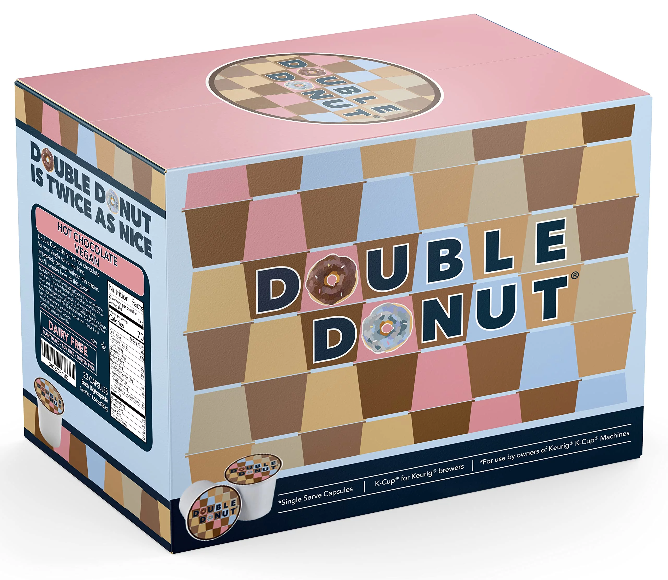 Double Donut Dairy Free Hot Chocolate Pods, Lactose Free Vegan Hot Chocolate Mix Cups For Keurig K Cup Brewers, 22 Count