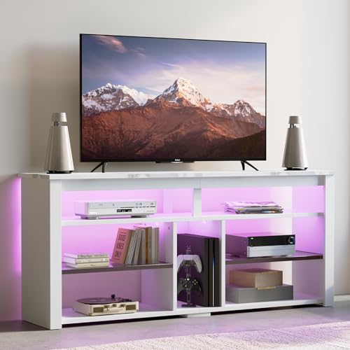 Bestier LED Tall TV Stand, Entertainment Center for 55/60/65 Inch, Gaming Console With Storage for PS4, Adjustable Shelf Modern High Cabinet for Living Room Bedroom, Carbon Fiber Black