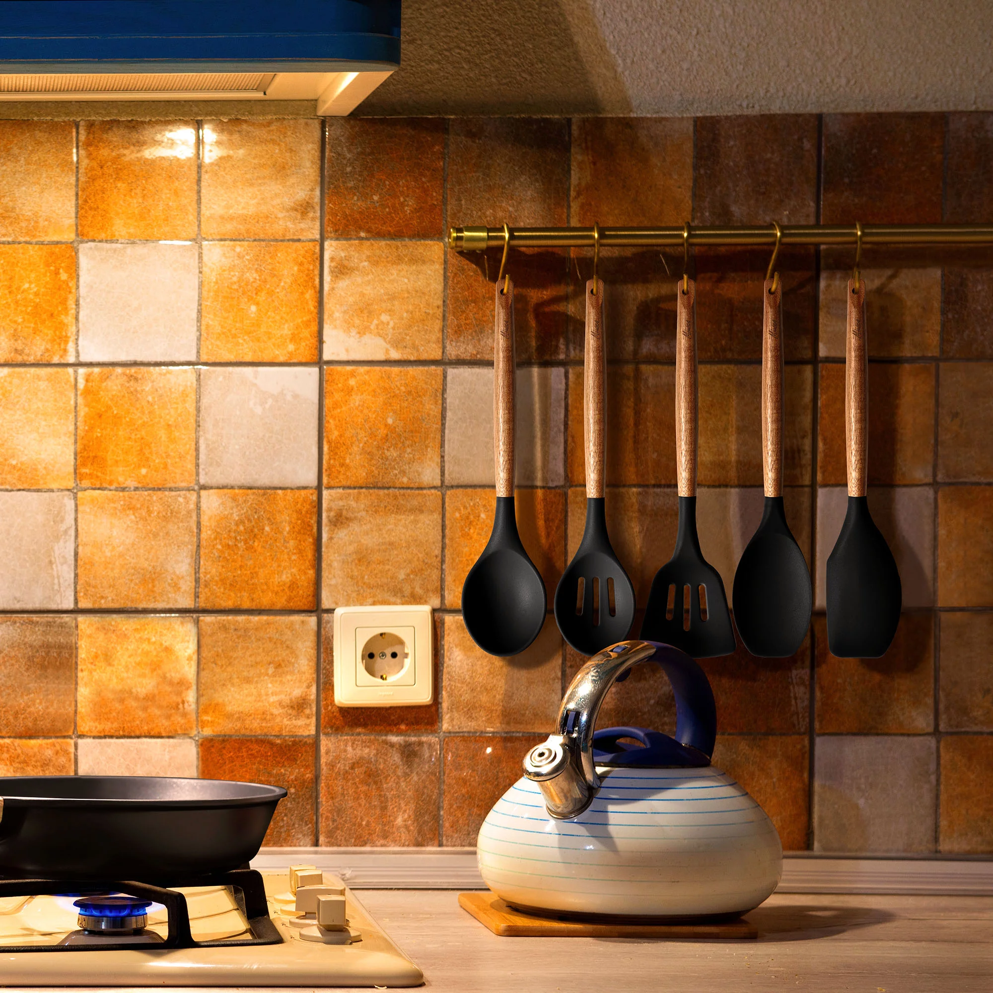 Miusco Nonstick Silicone Kitchen Cooking Utensils Set with Wood Handle, BPA Free, Black 5 pcs