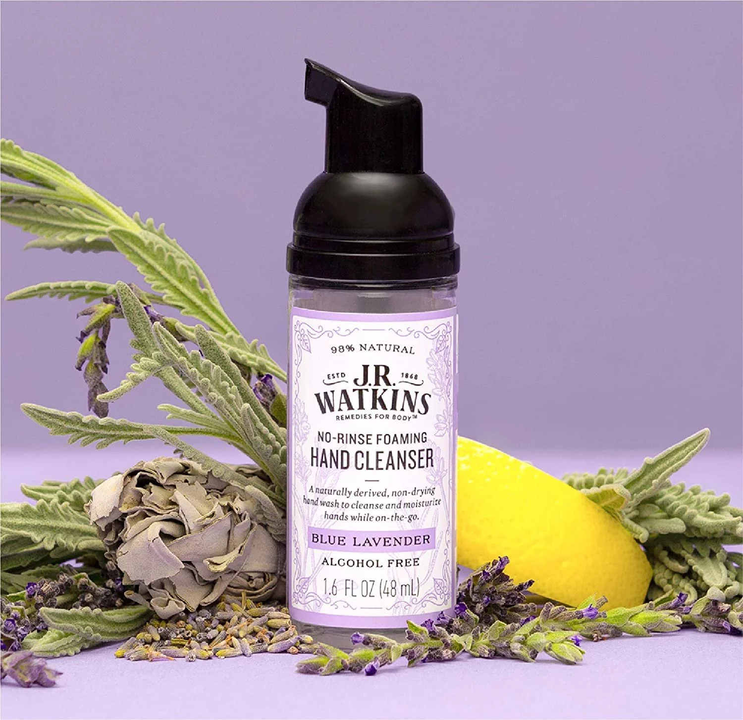 J.R. Watkins No-Rinse Foaming Hand Cleanser  Hand Soap in Pump Dispenser  Bathroom & Kitchen Foam Cleaner  All Natural, Alcohol Free, Blue Lavender, 1.6 fl. Oz, 6 Pack