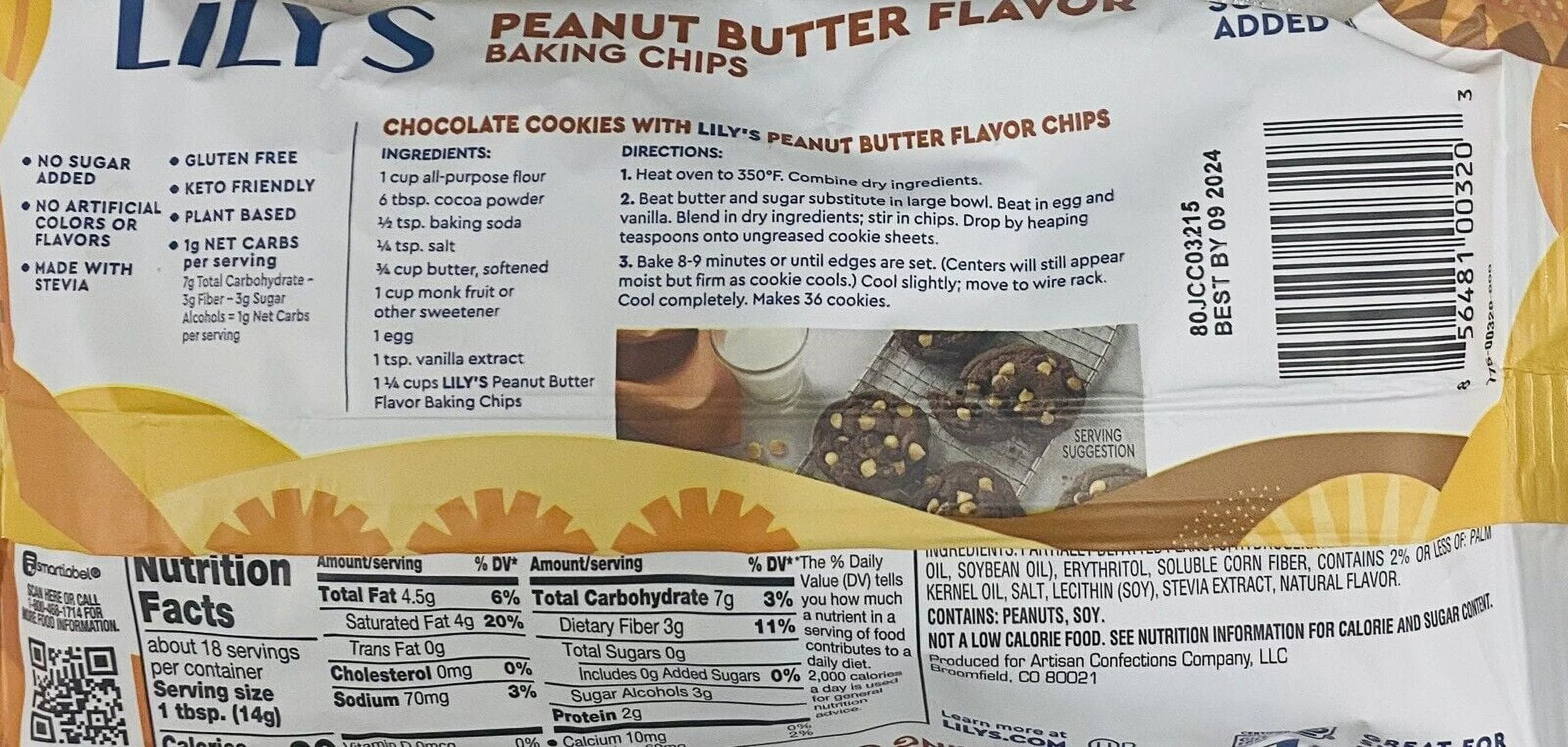 LILYS PEANUT BUTTER FLAVOR Baking Morsel Chips 9 oz Bag NO SUGAR ADDED