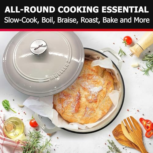 Mueller 6qt Enameled Cast Iron Dutch Oven, Heavy-Duty Casserole and Braiser Pan with Lid and Knob, Oven-Safe up to 500° F & Across All Cooktops, White